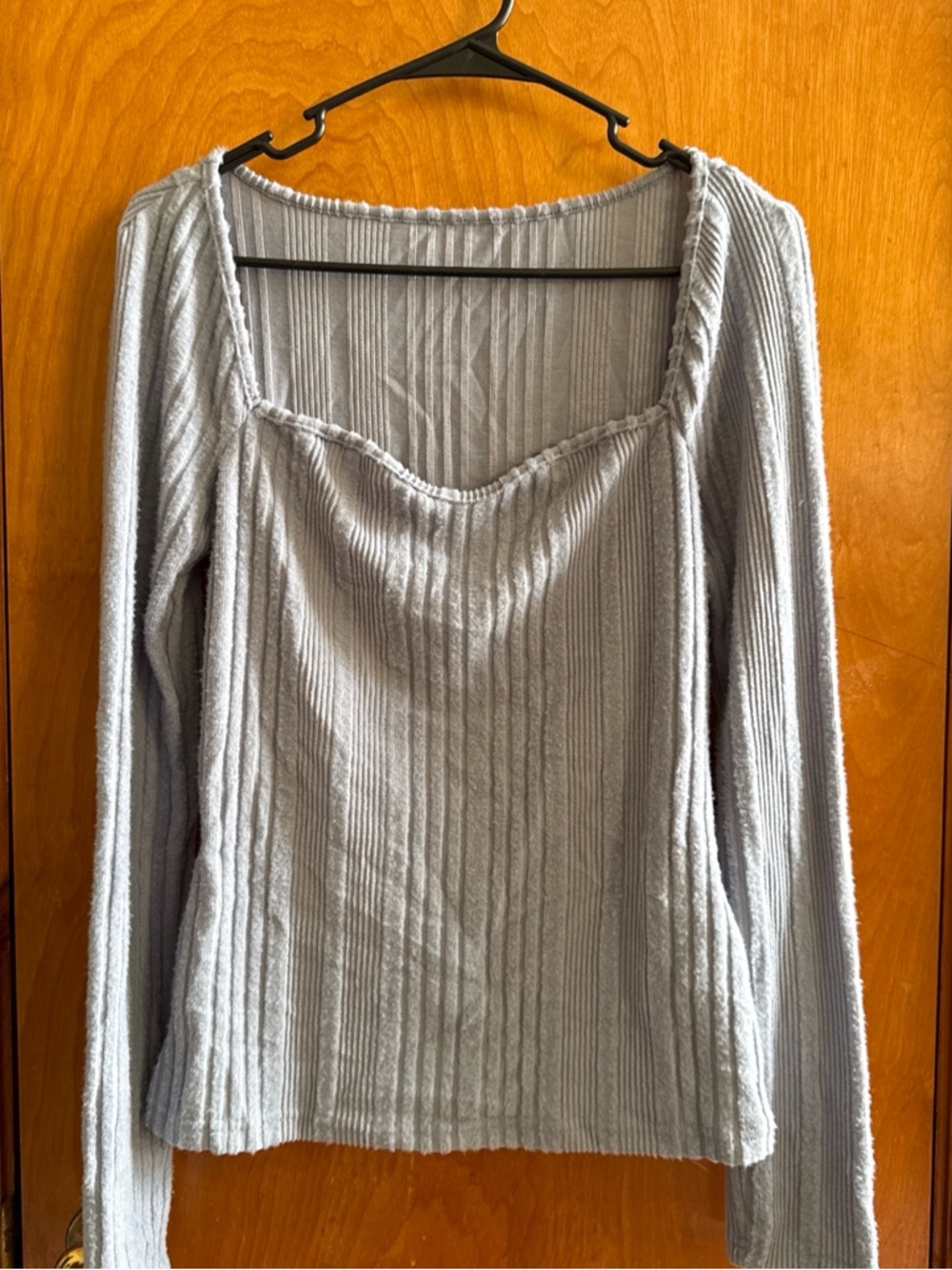 SHEIN Light blue Ribbed Square-Scoop Long Sleeve Top